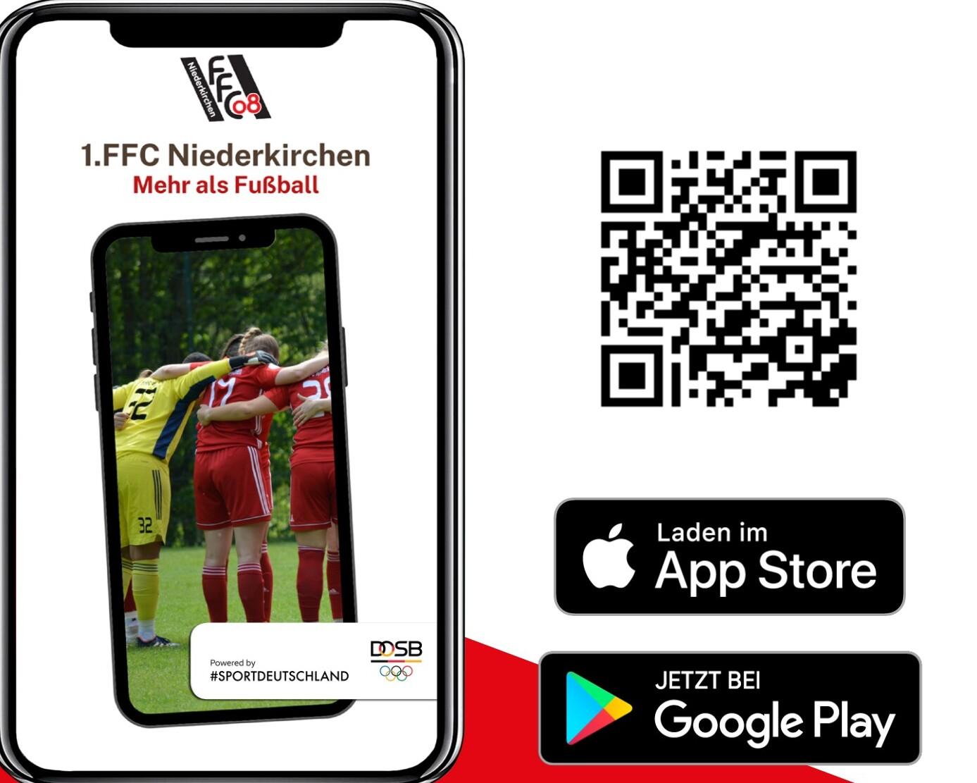 Smartphone-Display mit Mannschaftshuddle von Spielerinnen, QR-Code und Infos zu 1. FFC Niederkirchen und App-Downloads.